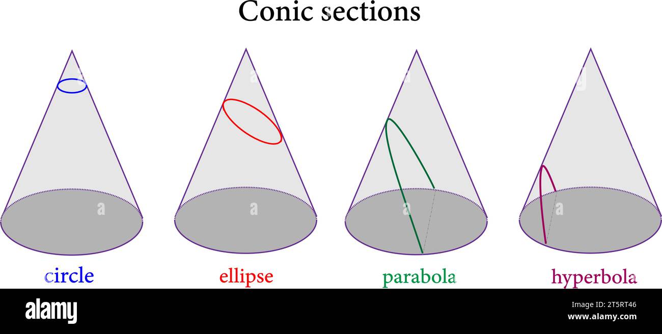 Tipi di sezioni coniche : cerchio , ellisse , parabola , iperbola .illustrazione vettoriale Illustrazione Vettoriale