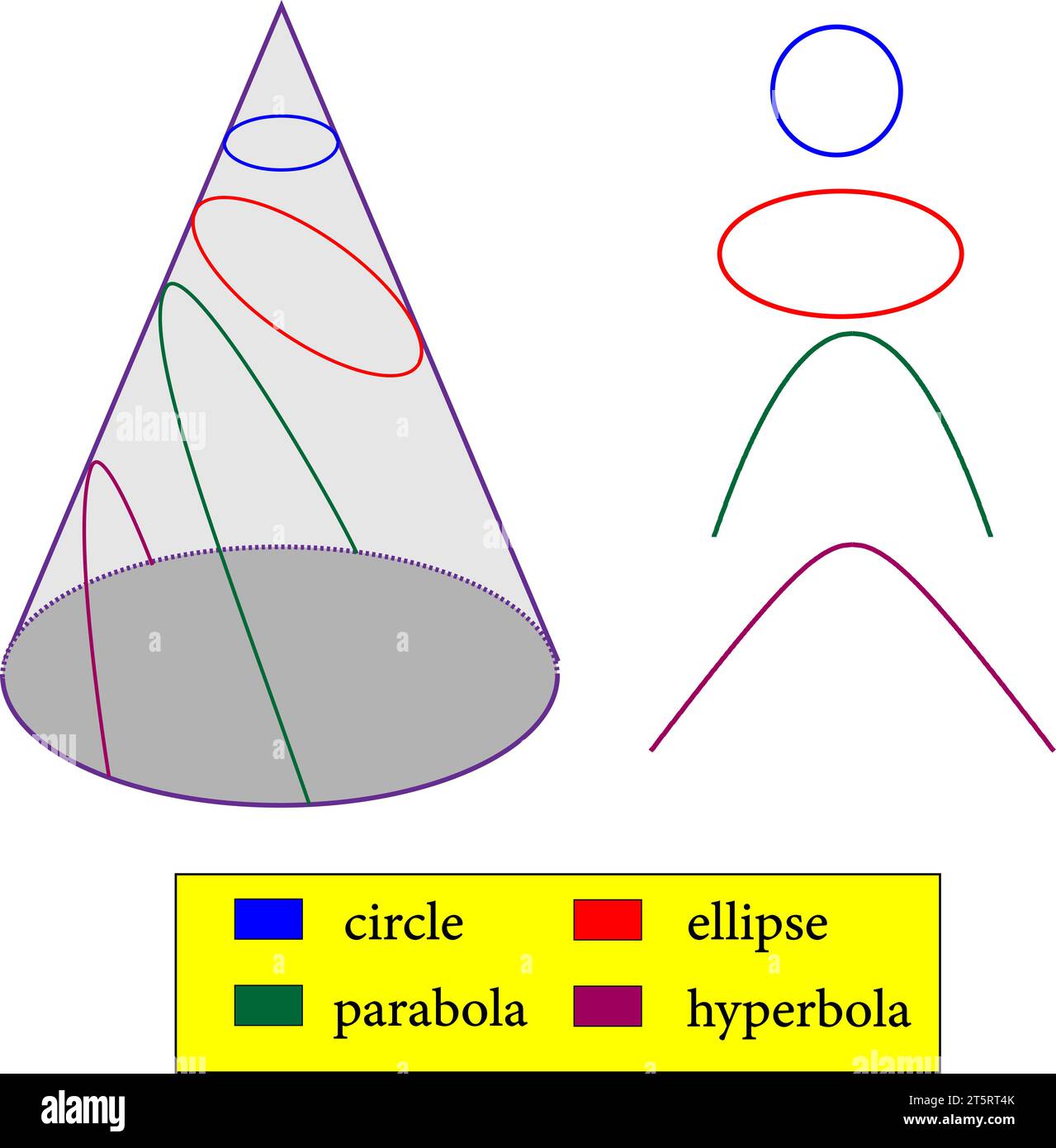 Tipi di sezioni coniche : cerchio , ellisse , parabola , iperbola .illustrazione vettoriale Illustrazione Vettoriale