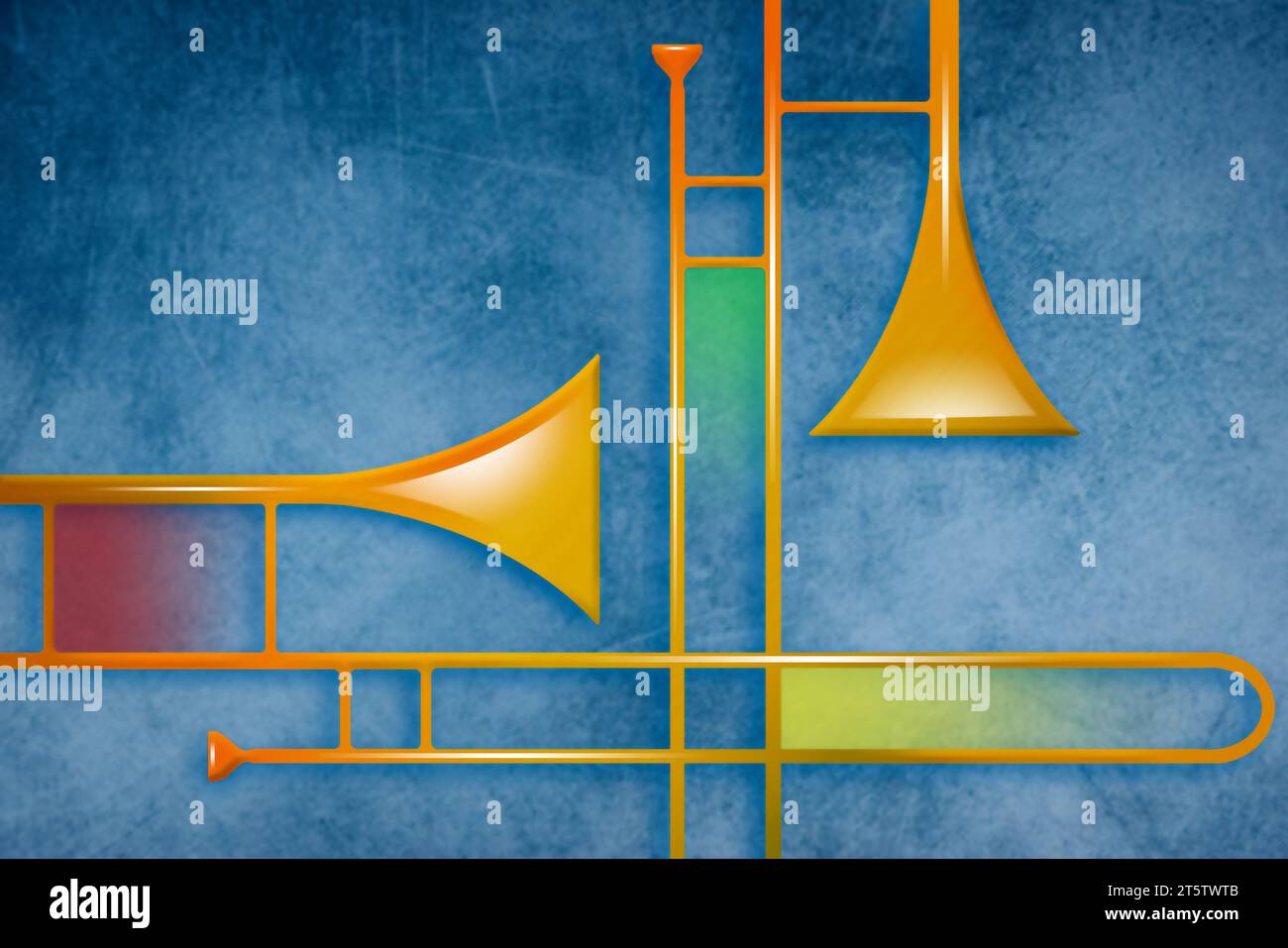 Due tromboni sono visti in un'immagine grafica colorata sulla musica e sugli strumenti di ottone. Questa è un'illustrazione 3D. Foto Stock