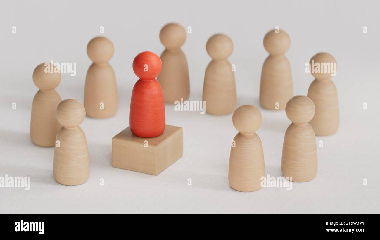 Concetto di leadership, team aziendale in legno con una persona che si distingue dalla folla sul podio.rendering 3D su sfondo bianco. Foto Stock