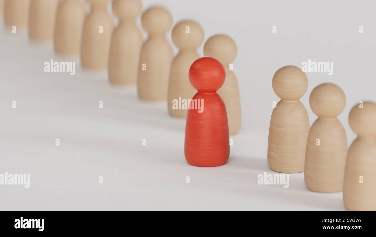 Leadership del team aziendale con una sola persona che si distingue dalla massa con il concetto di motivazione vocale.rendering 3D su sfondo bianco. Foto Stock