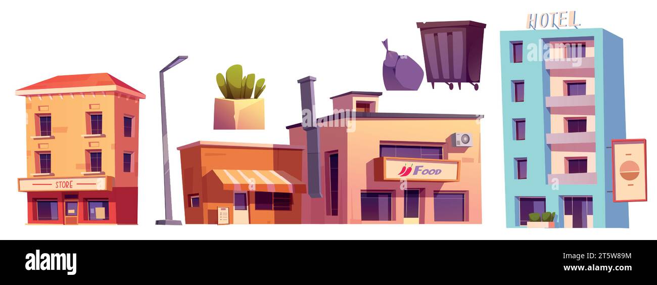 Elementi Street City per la creazione di paesaggi esterni in centro. Serie di cartoni animati vettoriali di edifici cittadini a più piani con caffetteria e negozio, lanterna e pianta in decorazione di pentole, spazzatura e cestino. Illustrazione Vettoriale