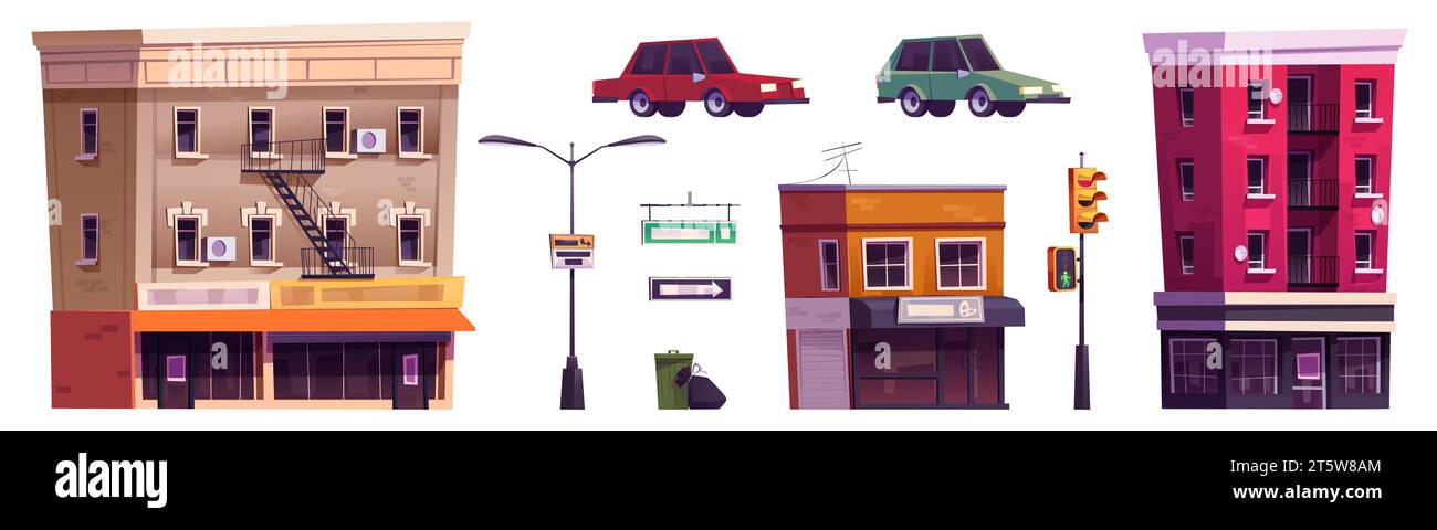 Elementi di Street City per la creazione di paesaggi interurbani. Set di illustrazioni vettoriali di cartoni animati di edifici multipiano con bar e negozi, automobili e semafori, lanterna e cartelli, cestino. Illustrazione Vettoriale