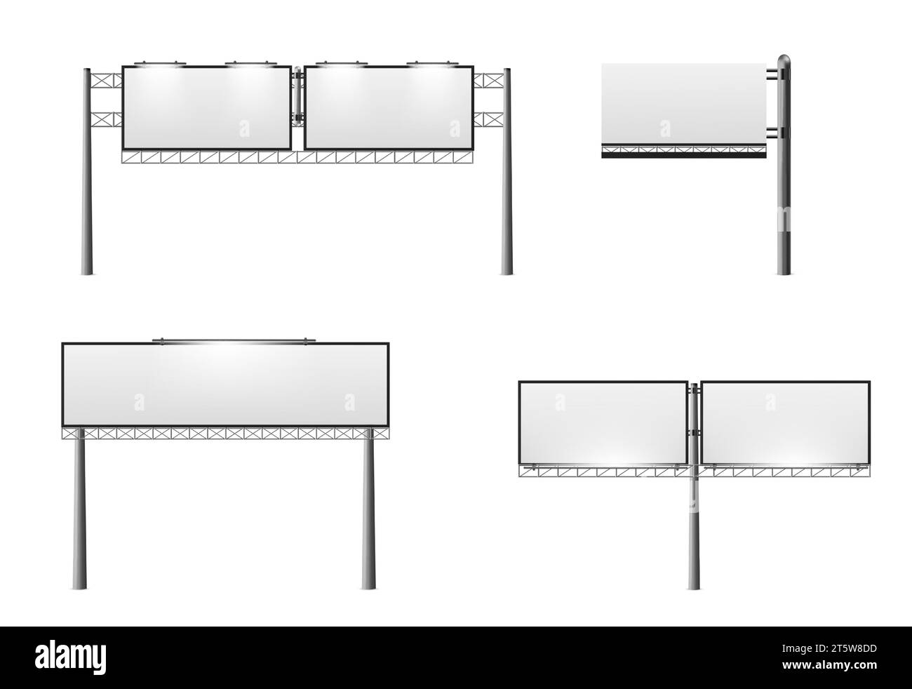 Mockup per affissioni stradali con banner bianco bianco bianco e lampade su colonne metalliche. Set di illustrazioni vettoriali realistiche di pedane stradali per esterni per cartelli pubblicitari. Modello pannello segnaletica orizzontale. Illustrazione Vettoriale