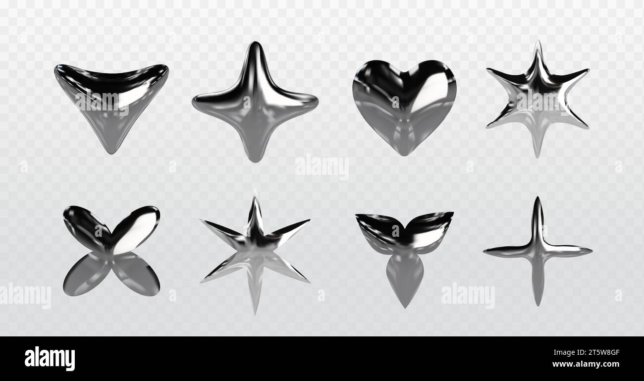 Forme astratte cromate y2k. set di illustrazioni vettoriali realistiche 3d di forme gonfiabili di cuore, stella e metallo liquido in argento. Elementi grafici in acciaio o platino con riflessi. Illustrazione Vettoriale