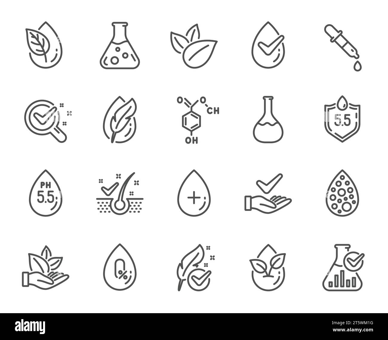 Nessun colore artificiale, icone di linea prive di scaglie antiforfora. Dermatologicamente testato, organico. Vettore Illustrazione Vettoriale
