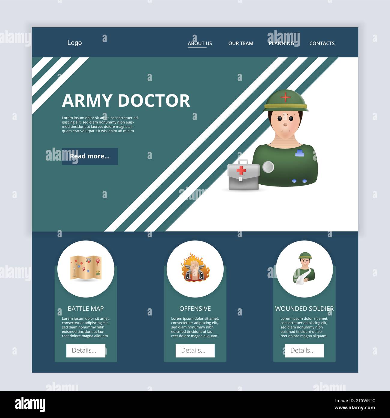 Modello di sito Web della landing page di Army Doctor Flat. Mappa di battaglia, offensiva, soldato ferito. Banner Web con intestazione, contenuto e piè di pagina. Vettore Illustrazione Vettoriale