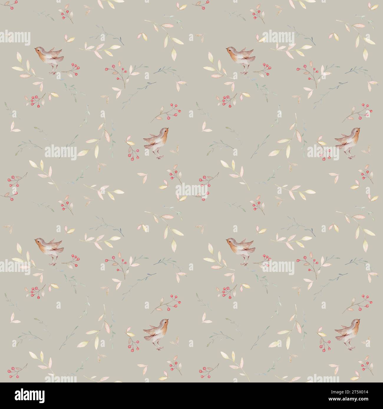 Robin Bird Pattern, Floral Bird Pattern, Boho Baby Watercolor, Rustic Seamless Pattern, sfondo color verde pastello Foto Stock