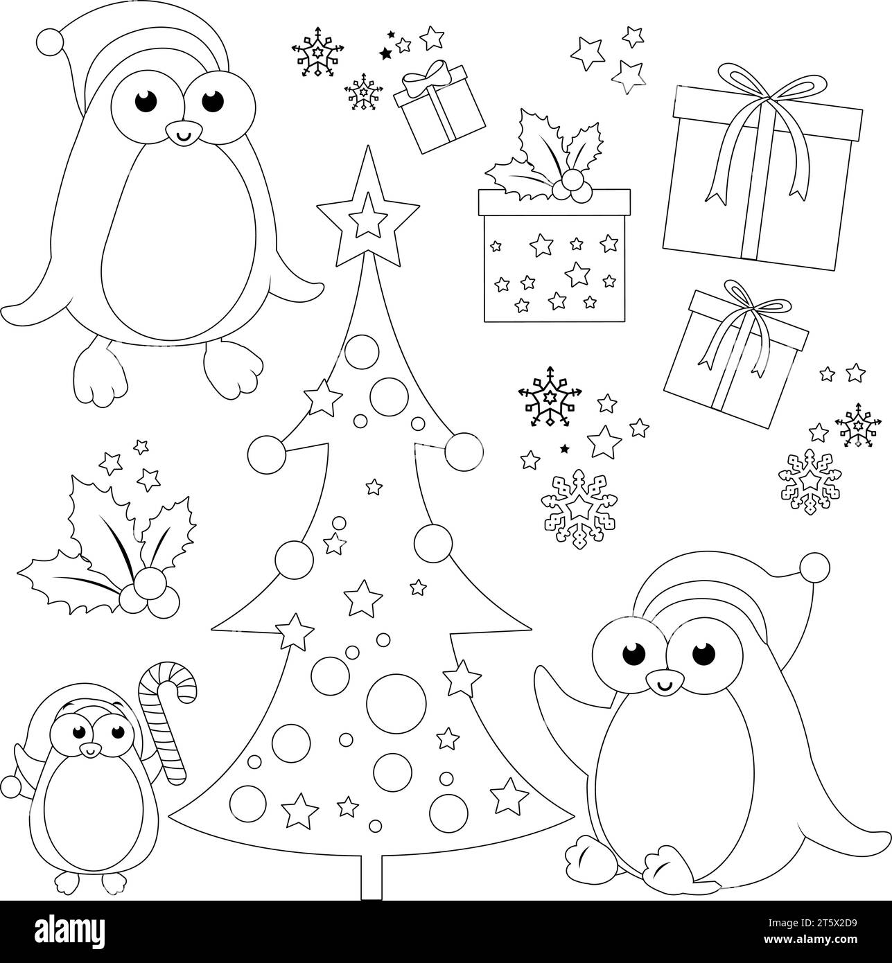 Collezione vettoriale natalizia con pinguini, albero di Natale e scatole di regali. Pagina vettoriale di colorazione in bianco e nero. Illustrazione Vettoriale