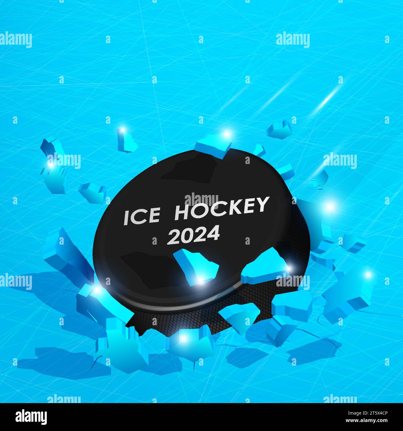 Banner pubblicitario per tornei sportivi di hockey. Disco in gomma nera per hockey su ghiaccio si è schiantato a terra ad alta velocità e si rompe in schegge, crepe dopo pe Illustrazione Vettoriale