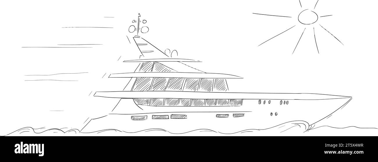 Yacht di lusso sul mare o sull'oceano, illustrazione dei cartoni animati Vector Illustrazione Vettoriale