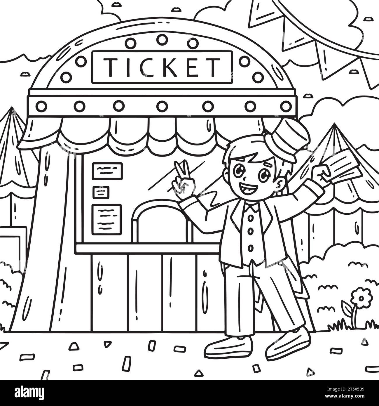 Pagina da colorare del venditore di circhi e biglietteria Illustrazione Vettoriale