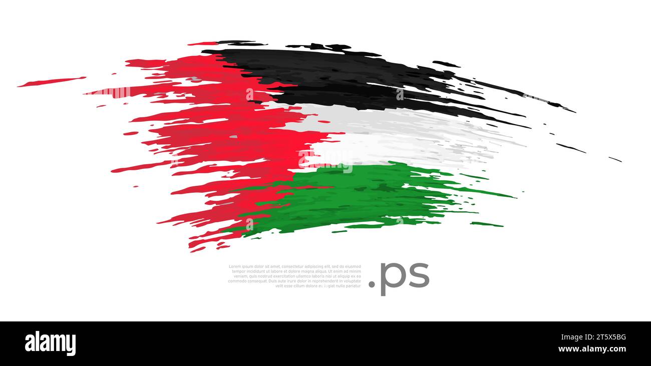 Bandiera della Palestina. Tratti di pennello, grunge. Strisce colori della bandiera palestinese su sfondo bianco. Poster nazionale di disegno vettoriale, modello, posizione Illustrazione Vettoriale