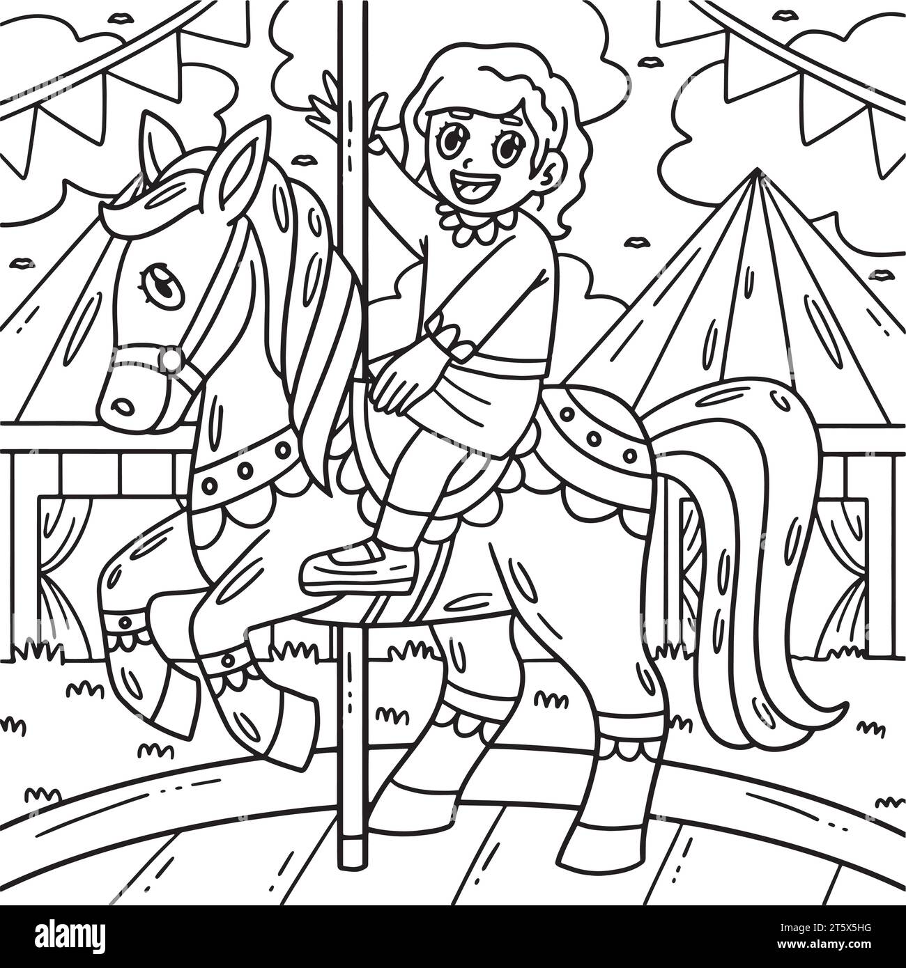 Circo - bambini sulla pagina di colorazione dei cavalli per bambini Illustrazione Vettoriale