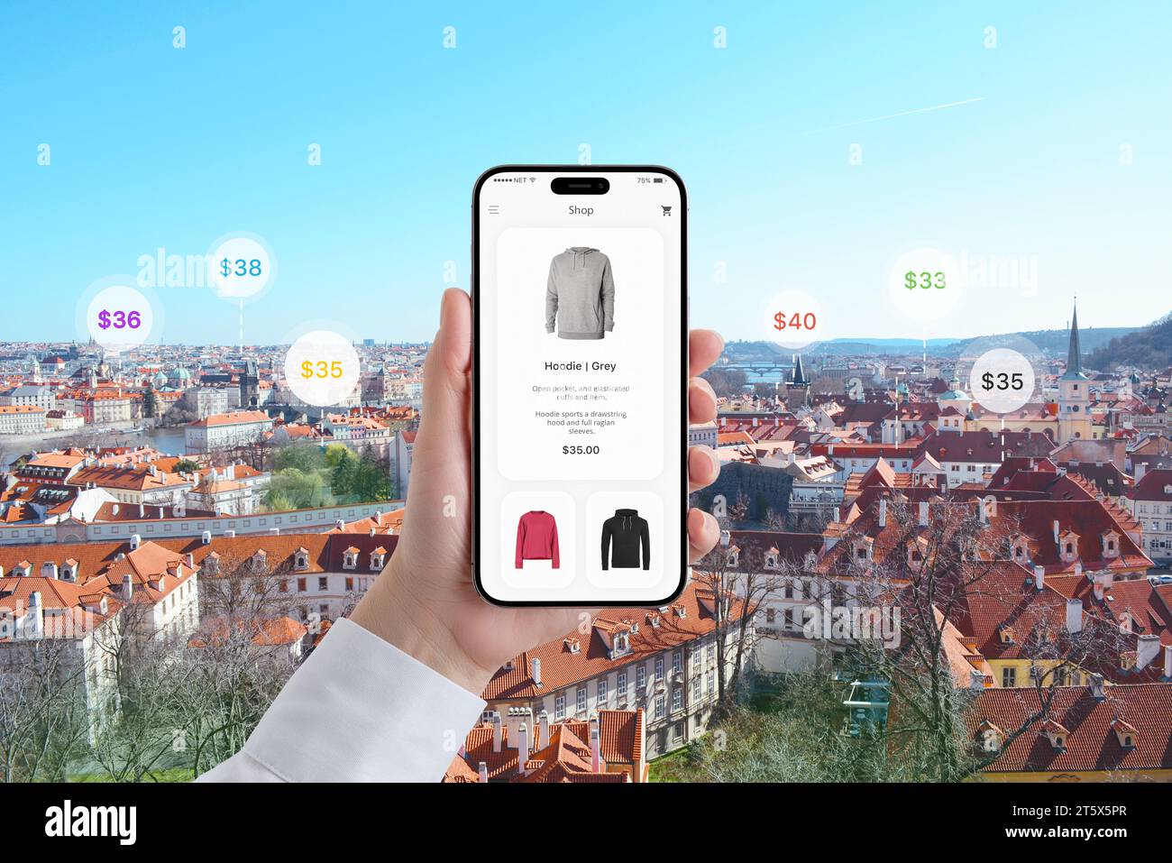 Il telefono in mano visualizza un'app per lo shopping con una felpa con cappuccio. Prezzi sullo sfondo del paesaggio cittadino Foto Stock