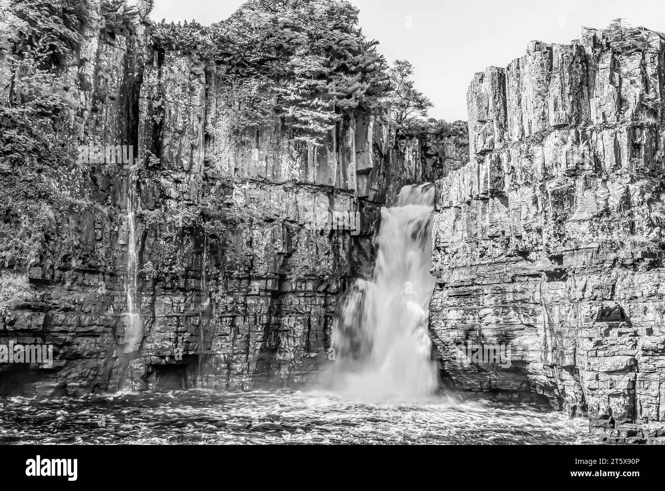 High Force, una delle cascate più alte d'Inghilterra a Forest-in-Teesdale, Inghilterra settentrionale, in bianco e nero Foto Stock