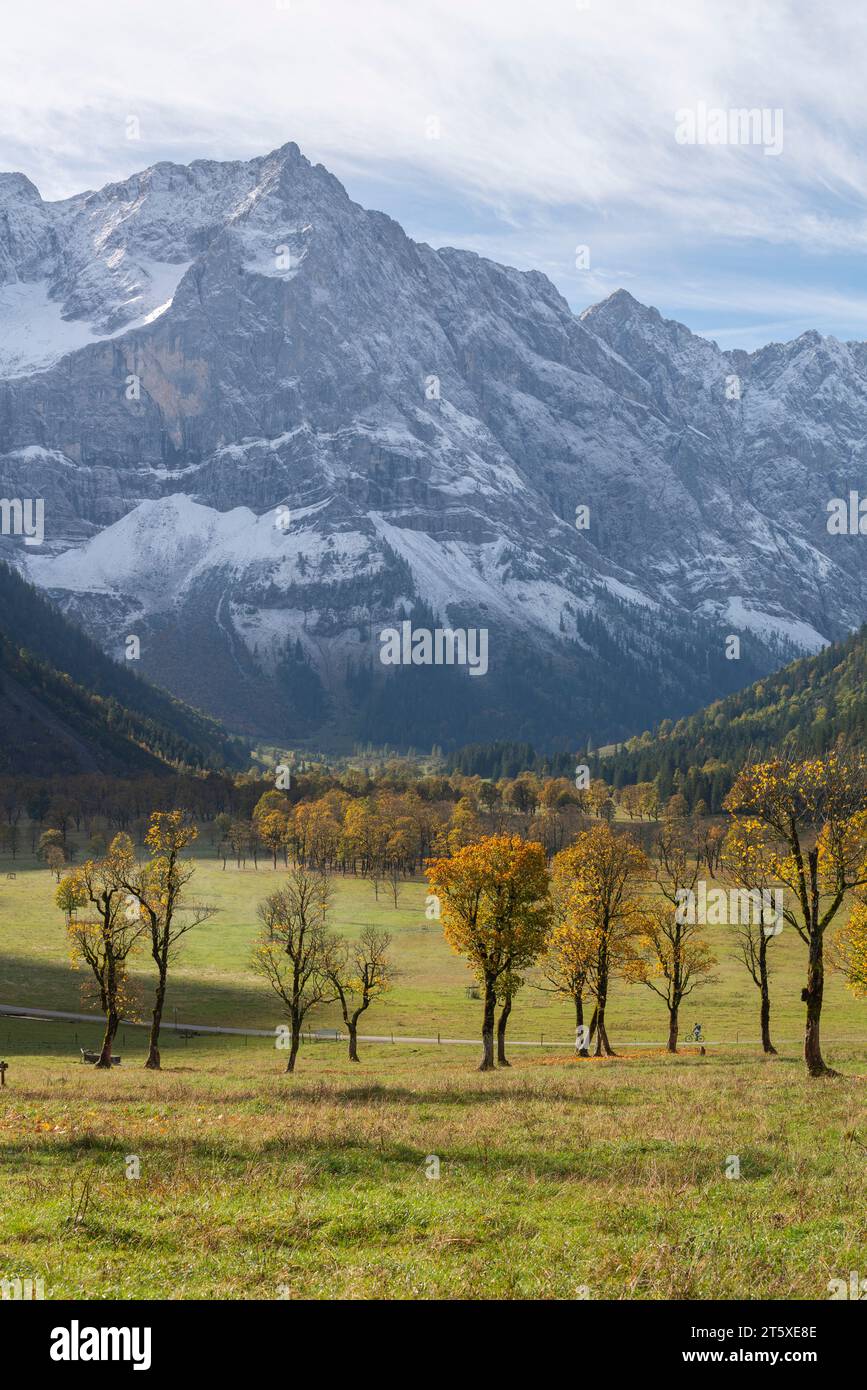 Un'attrazione turistica, una colorata stagione autunnale in Engtal o Valle dell'Ing, Parco naturale Karwendel, Tirolo, Austria, Europa Foto Stock