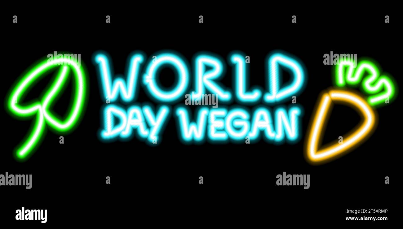 Giornata mondiale vegana. Cartello al neon con una foglia e una carota su sfondo nero. Illustrazione Vettoriale