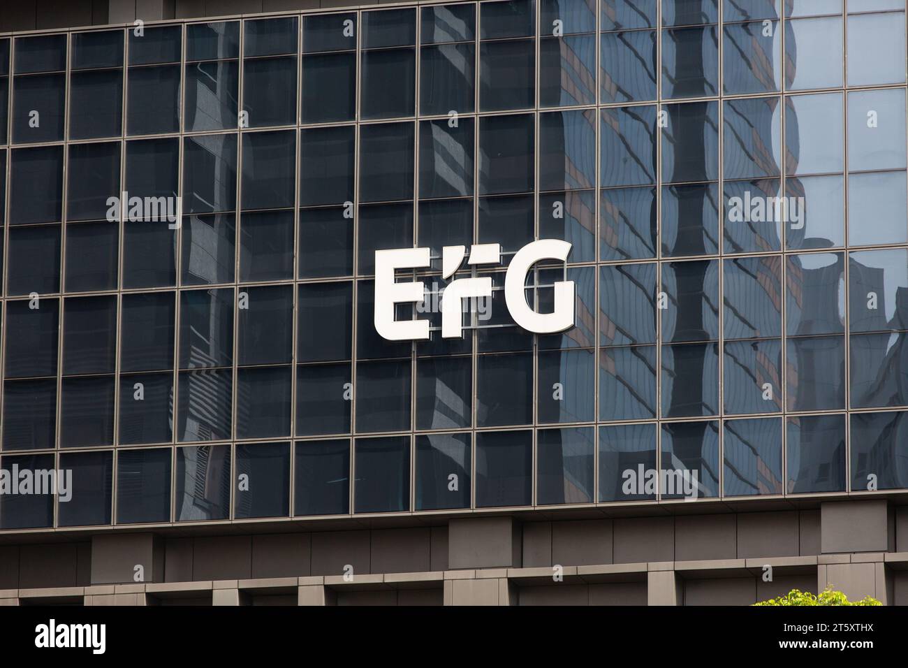 Segnaletica aziendale del gruppo bancario privato EFG sulla facciata di un edificio commerciale, Singapore. Foto Stock