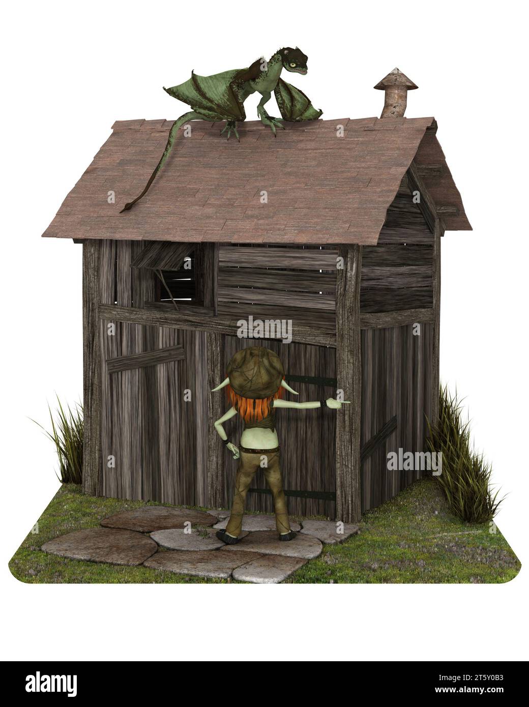 Il giovane Drago Verde sul tetto di un Goblin Shack Foto Stock
