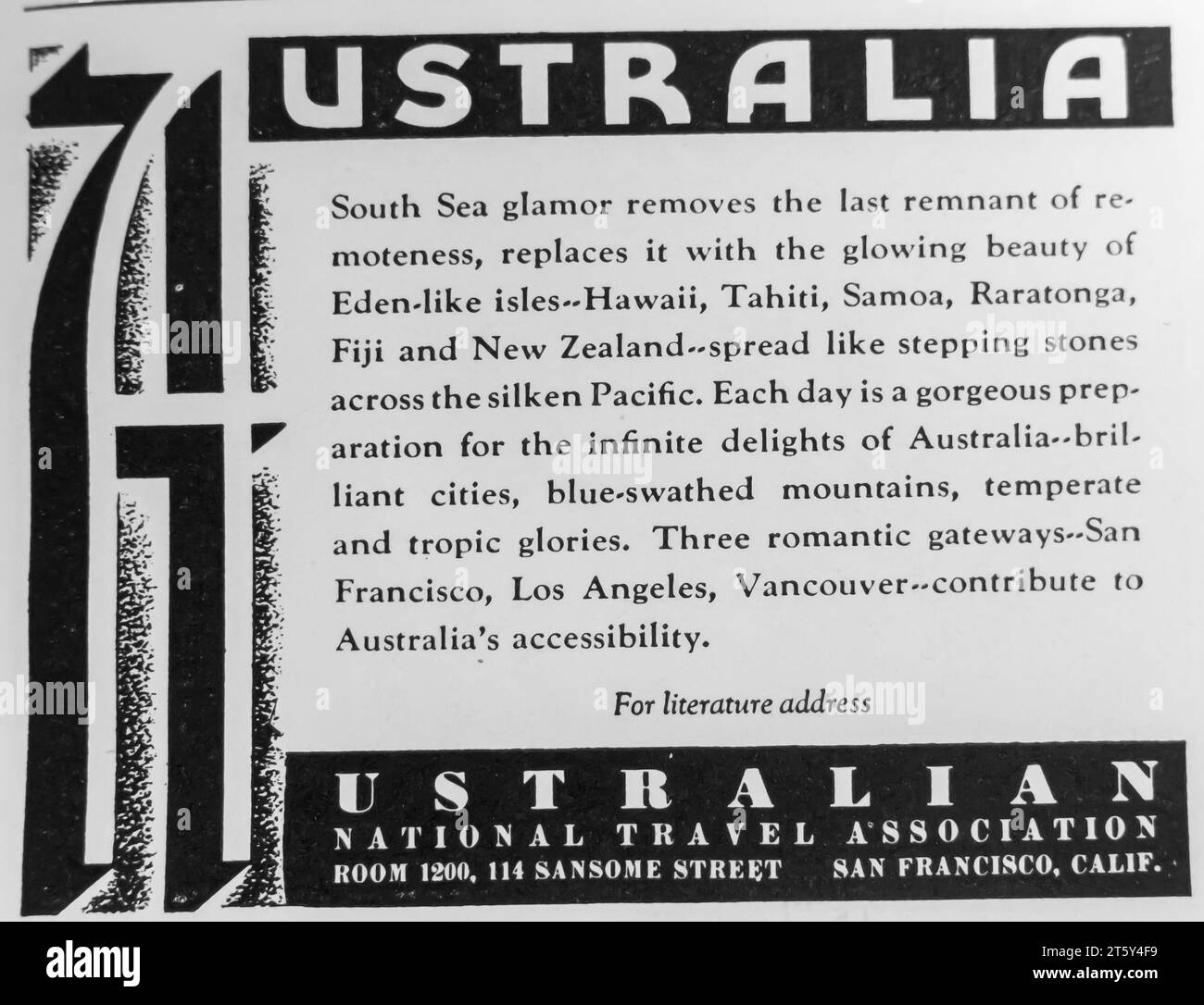 1934 Australia, annuncio dell'associazione nazionale australiana di viaggi Foto Stock