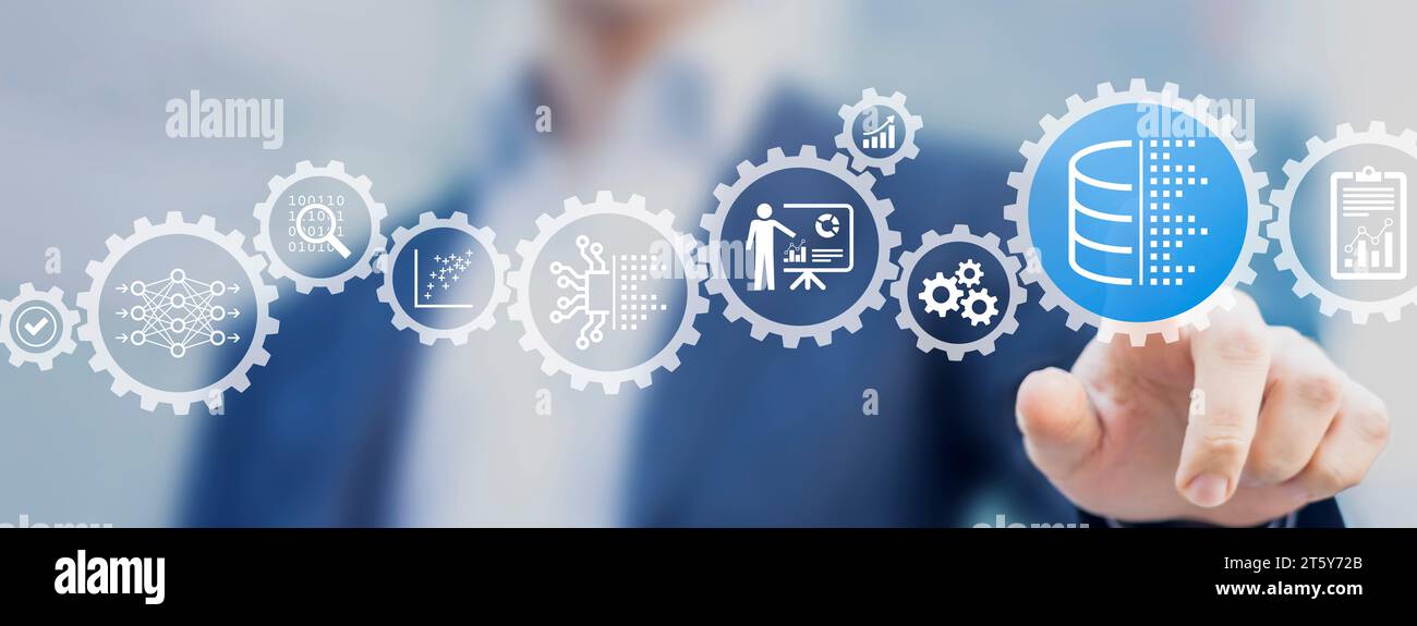 Big data, analisi dei dati e concetto di intelligenza artificiale. Persona che tocca icone su database, ingegneria dei dati, elaborazione, analisi, apprendimento automatico, rete neurale Foto Stock
