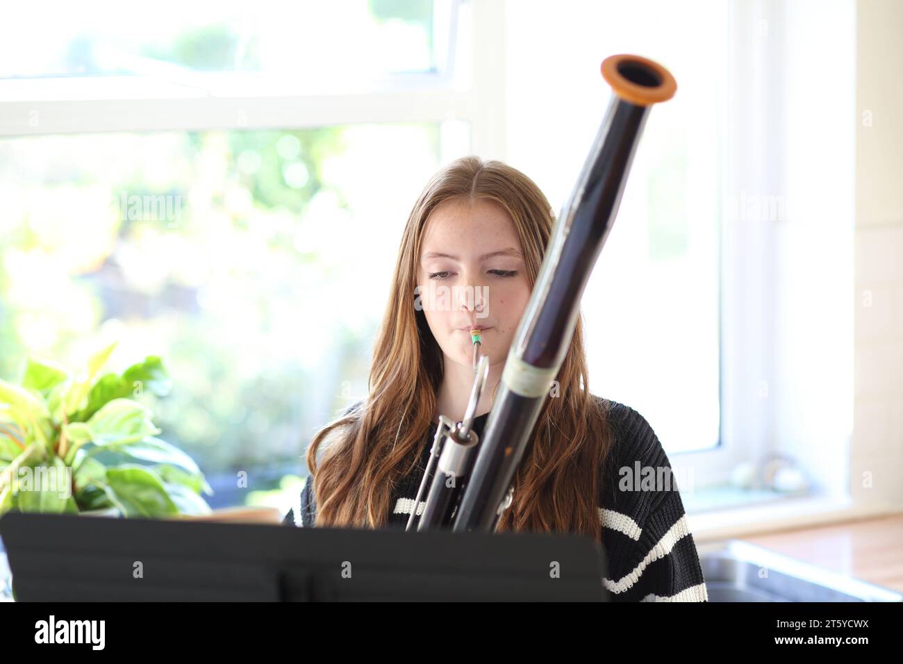 Adolescente che suona il fagotto in cucina a casa. Esegue scale musicali e pratica il diteggiatura per la lezione di musica scolastica, con lo sguardo rivolto verso il basso sullo spartito musicale. Foto Stock