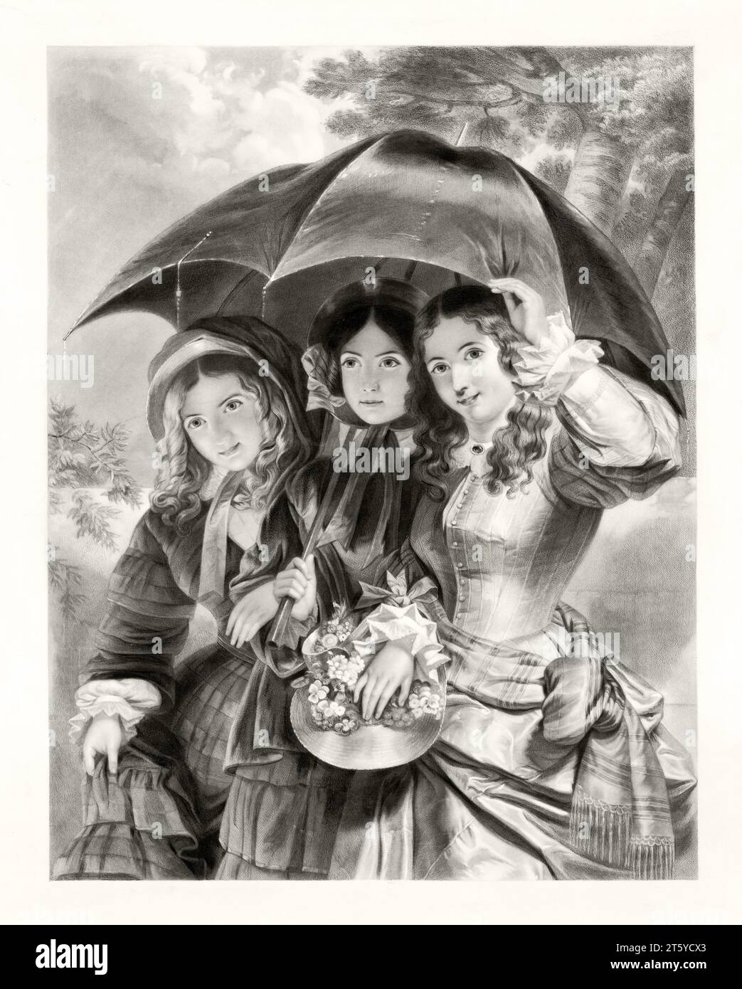 Vecchia illustrazione di tre bellissime ragazze al riparo dalla pioggia sotto l'ombrello. Da autore non identificato, publ. nel 1890 Foto Stock