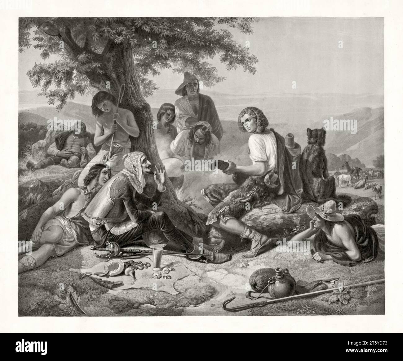 Vecchia illustrazione che raffigura Don Chisciotte che riposa con i pastori sotto un albero. Di Jazet, publ. A Parigi, CA. 1845 Foto Stock