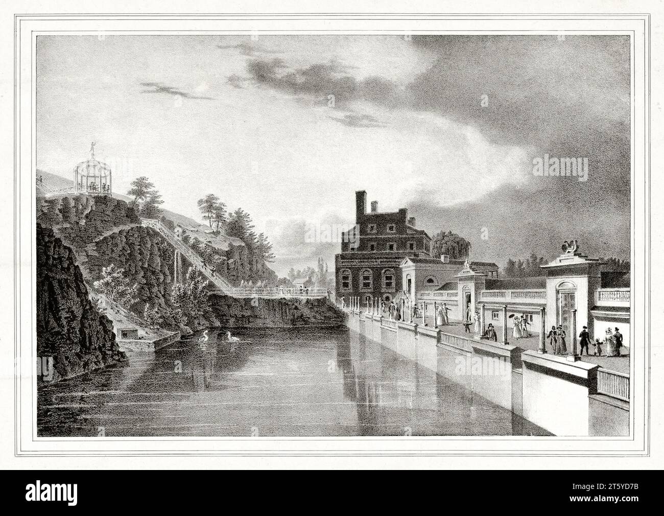 Vecchia vista dei Fairmount Waterworks, Filadelfia, Pennsylvania. Di Lehmann, publ. A Philadelphia, California. 1835 Foto Stock