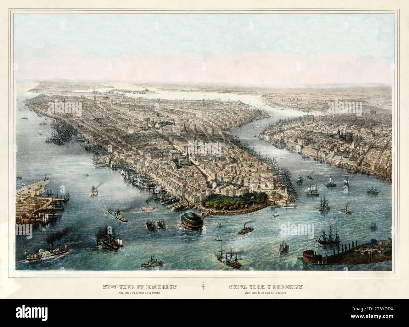 Vecchia vista aerea di Manhattan e Brooklyn. Di Muller, publ. ca 1850 Foto Stock