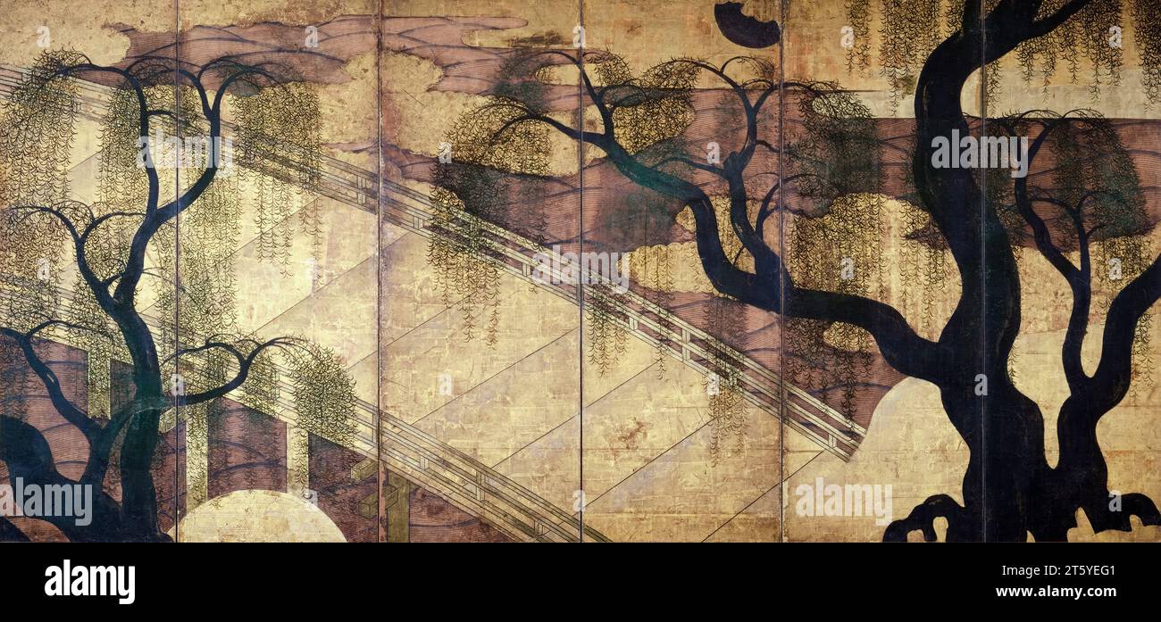 Periodo Momoyama, Arte Giapponese, Ponte sul fiume a Uji, pittura a inchiostro e colore su foglio d'oro su carta montata su uno schermo a sei pannelli, 1568-1615 Foto Stock