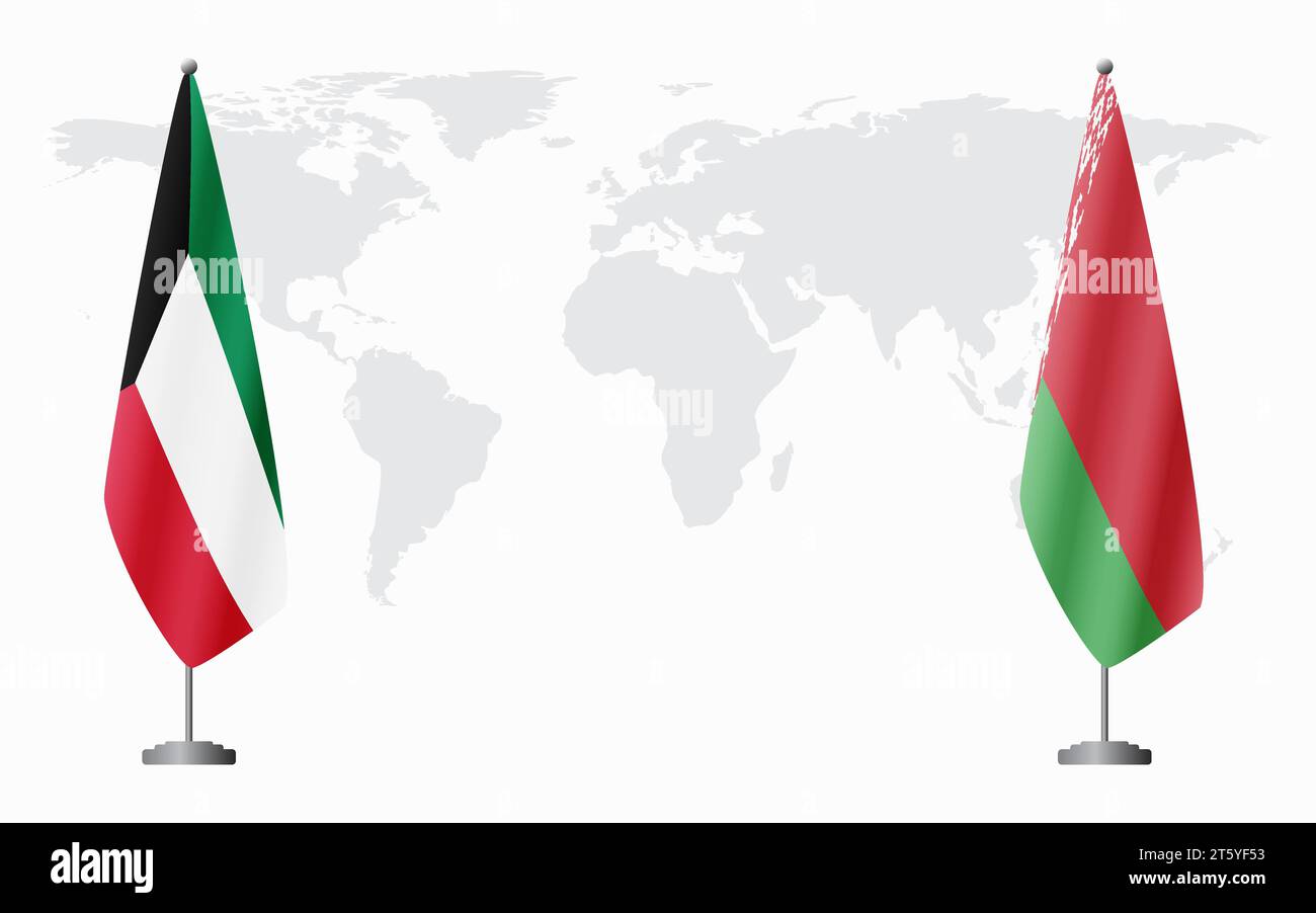 Bandiere del Kuwait e bielorusse per un incontro ufficiale sullo sfondo della mappa mondiale. Illustrazione Vettoriale