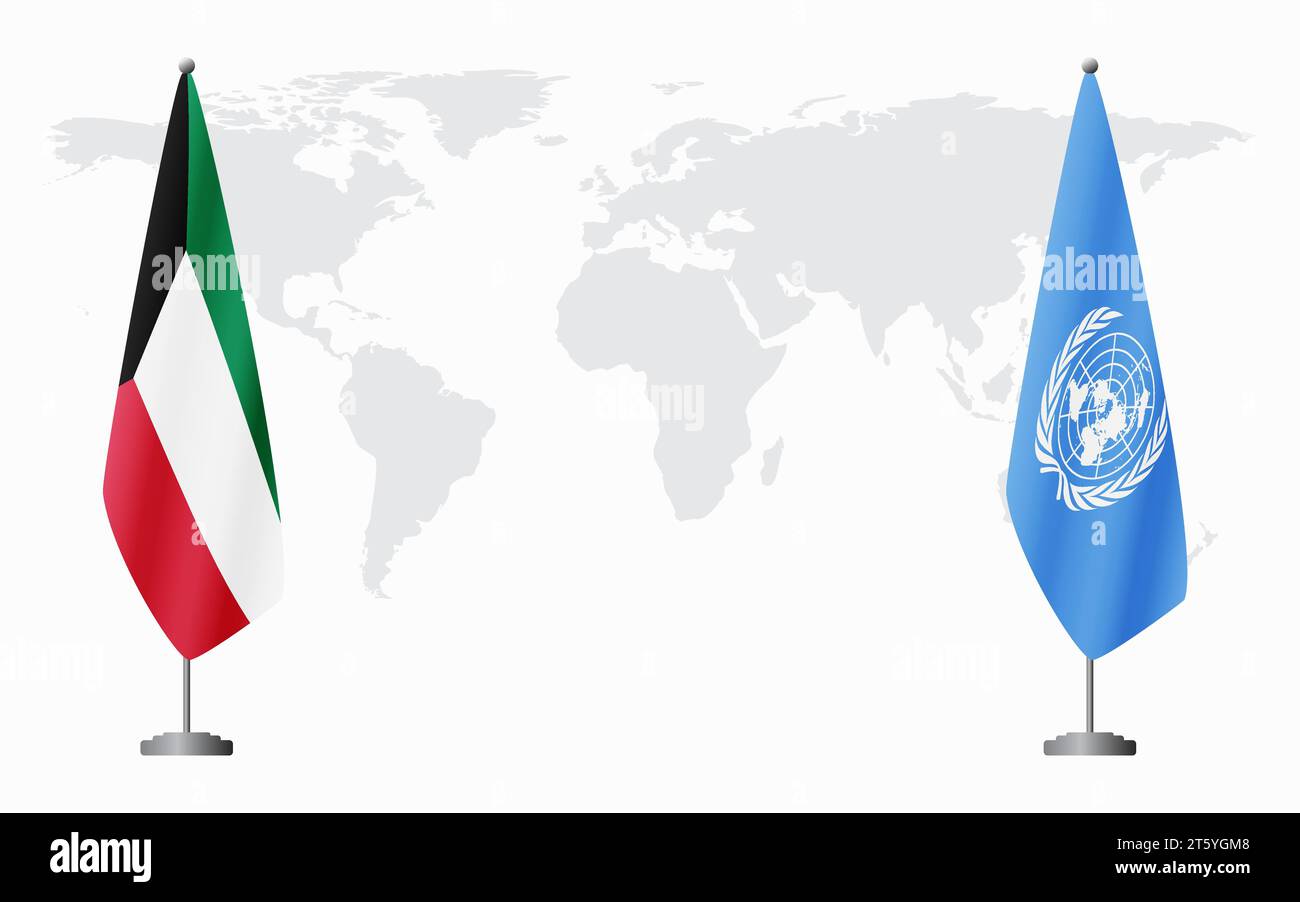 Il Kuwait e le Nazioni Unite bandiere per un incontro ufficiale sullo sfondo della mappa mondiale. Illustrazione Vettoriale