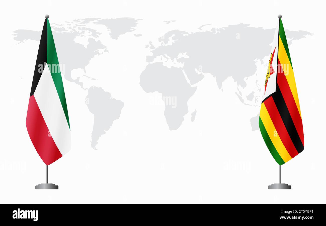 Bandiere del Kuwait e dello Zimbabwe per un incontro ufficiale sullo sfondo della mappa mondiale. Illustrazione Vettoriale