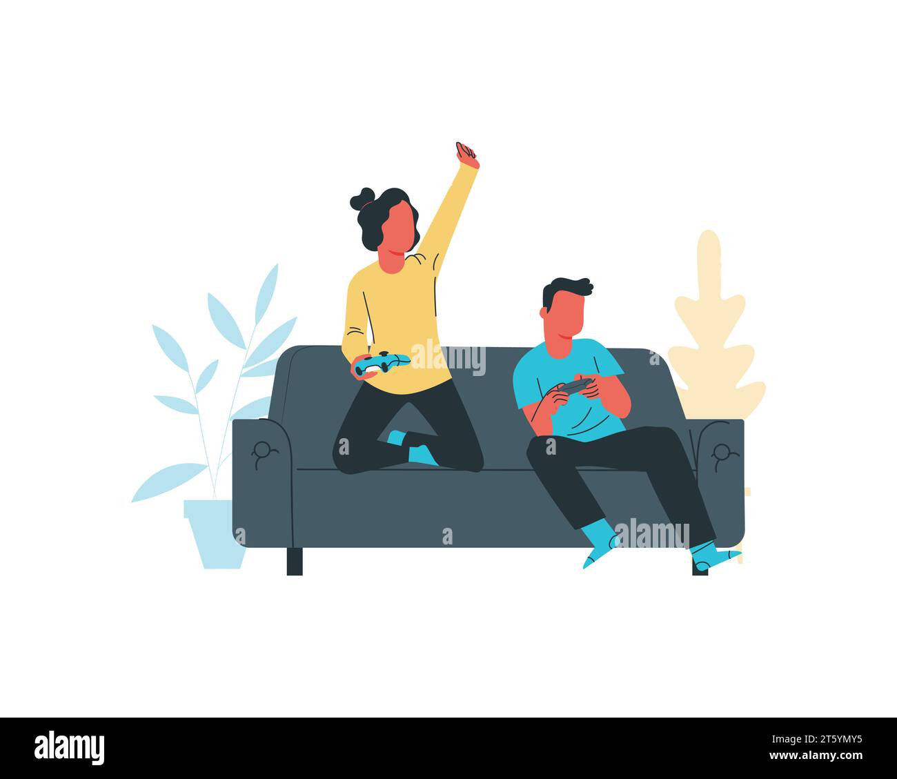 fratelli che giocano su un divano. illustrazione del concetto dei nativi digitali Illustrazione Vettoriale