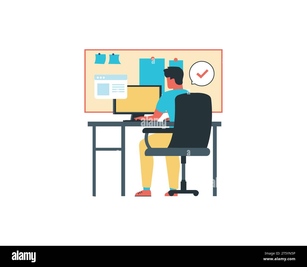 un giovane che lavora con scrivania e computer nella camera da letto con disegno di illustrazione vettoriale Illustrazione Vettoriale