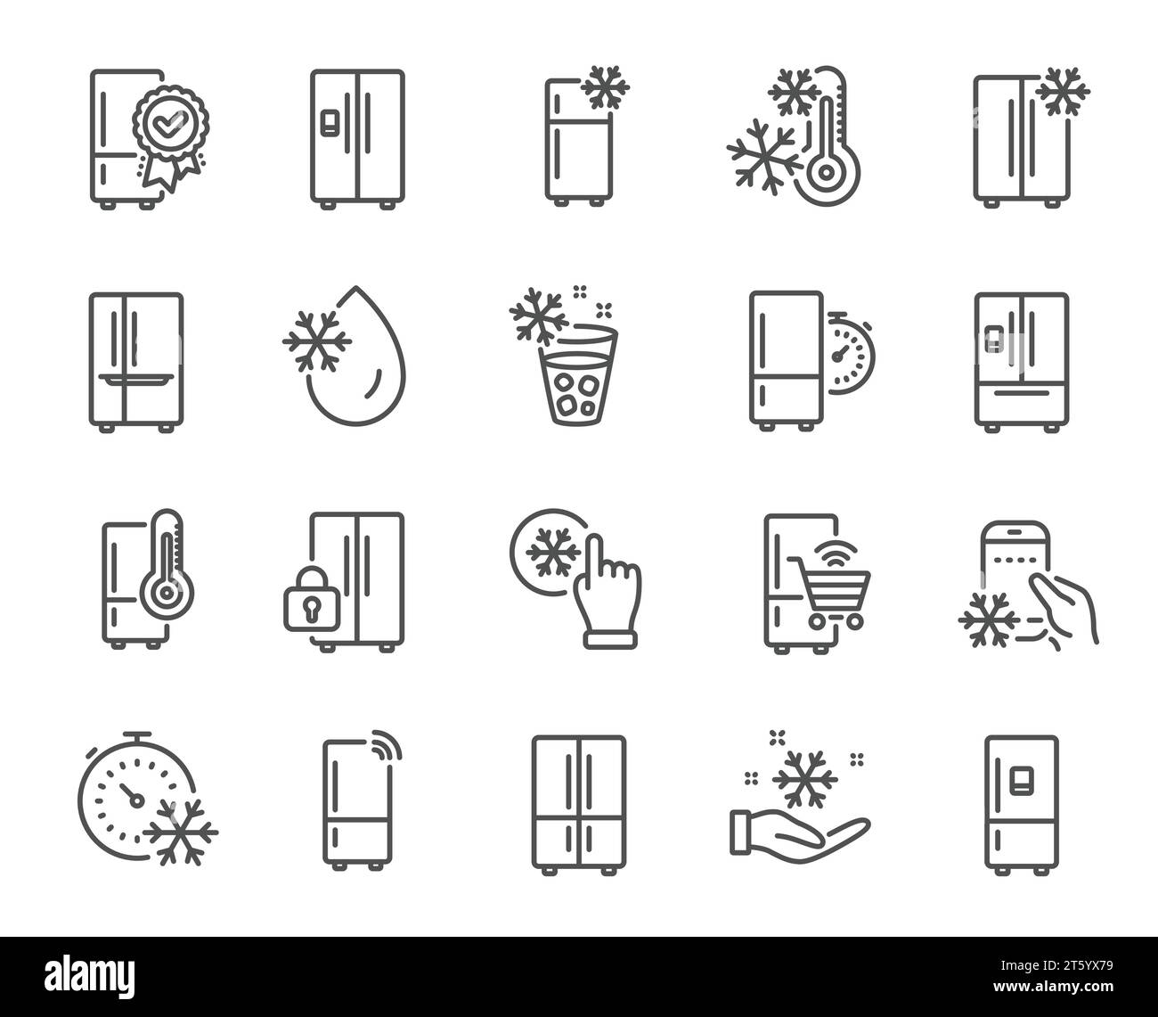 Icone della linea del frigorifero. Frigorifero, congelatore, macchina intelligente per il frigo. Acqua con ghiaccio, contenitore refrigerato, termometro. Vettore Illustrazione Vettoriale