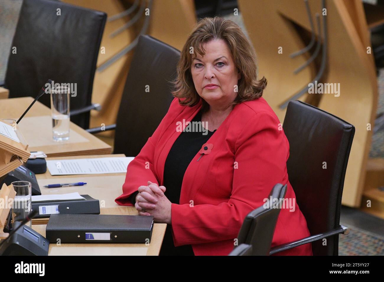 Edinburgh Scotland, UK 07 novembre 2023. Ministro dei trasporti Fiona Hyslop MSP presso il Parlamento scozzese per il dibattito sul Net Zero, Energy and Transport Committee, A Modern and Sustainable Ferry Service for Scotland. credit sst/alamy live news Foto Stock