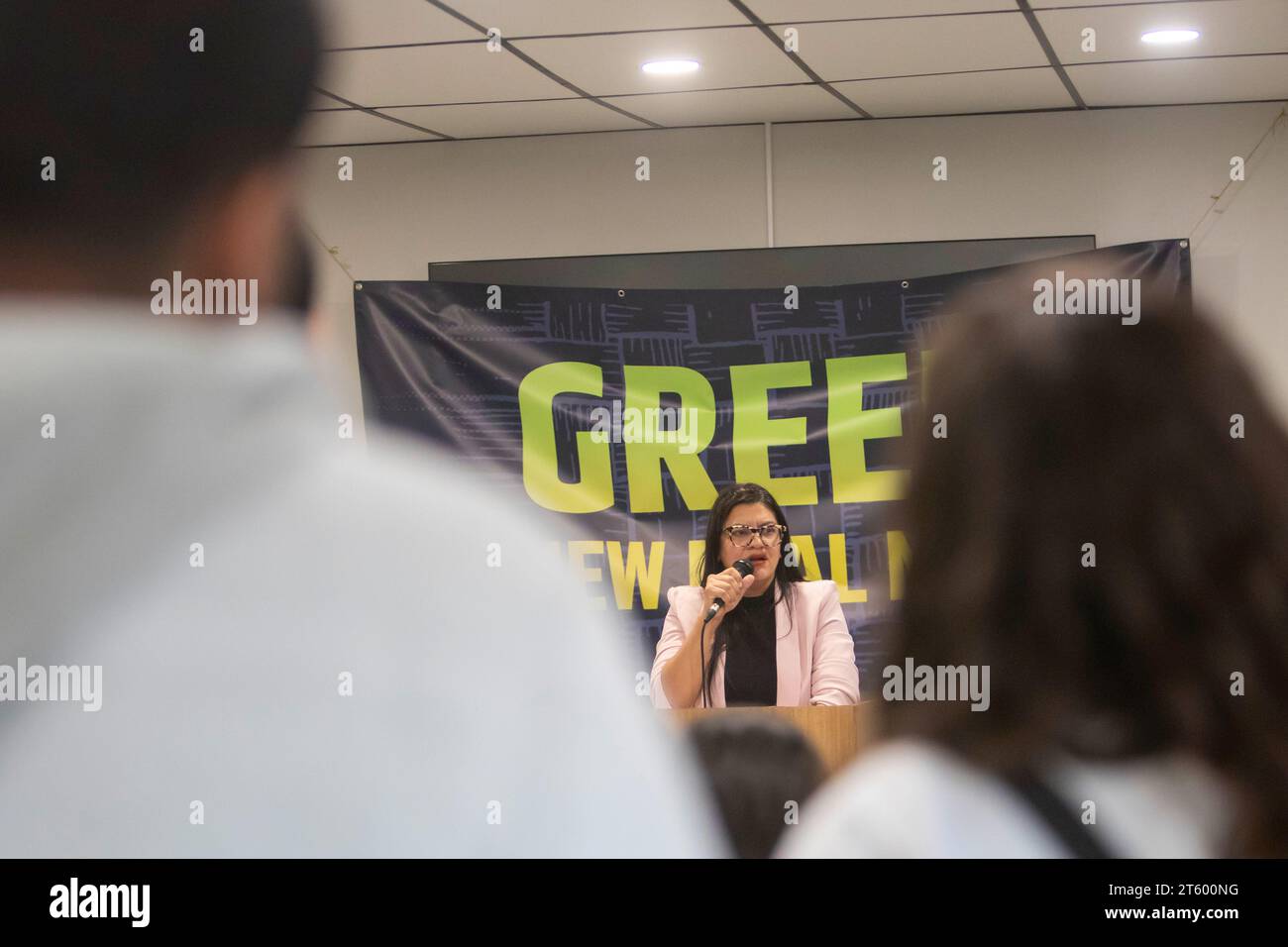 Dearborn, Michigan - la deputata Rashida Tlaib (D-Mich) parla a un raduno per chiedere un Green New Deal. Il piano prevede che il governo dedichi di più Foto Stock