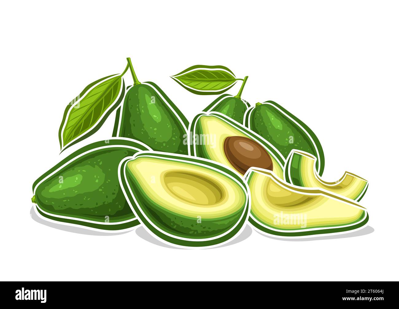 Logo vettoriale per avocado, poster decorativo orizzontale con contorno di composizione di avocado verde con foglie, stampa vegetariana con disegno dei cartoni animati Illustrazione Vettoriale