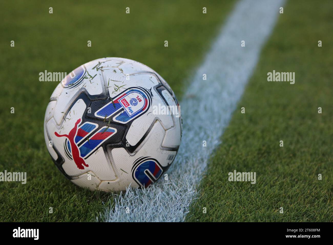 Sat da ballo EFL Puma sul lato del campo da calcio Grass Stock Photo Foto Stock