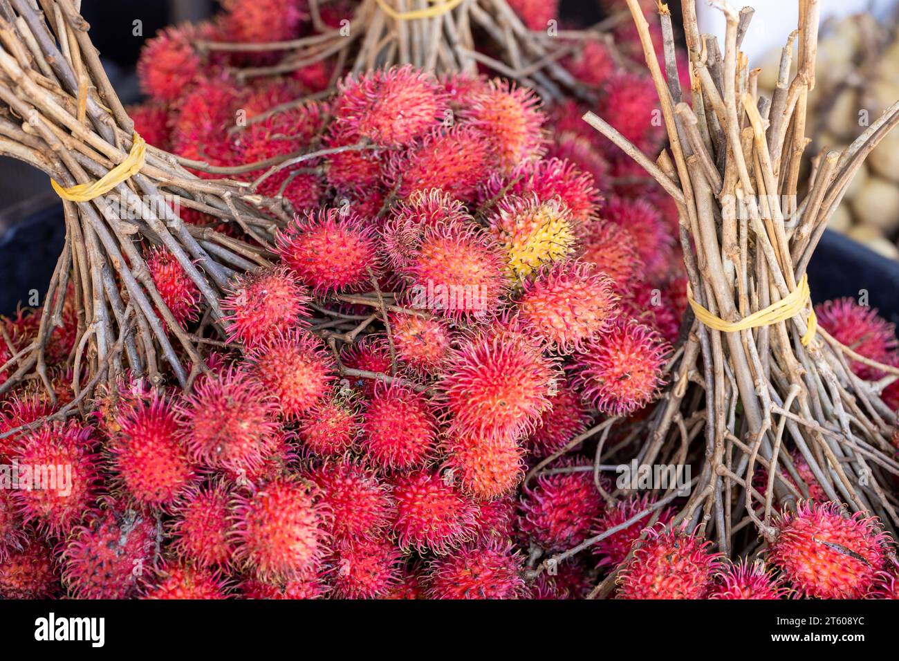Frutti di rambutan ben maturi, grappoli di frutta rossa e dolce Foto Stock
