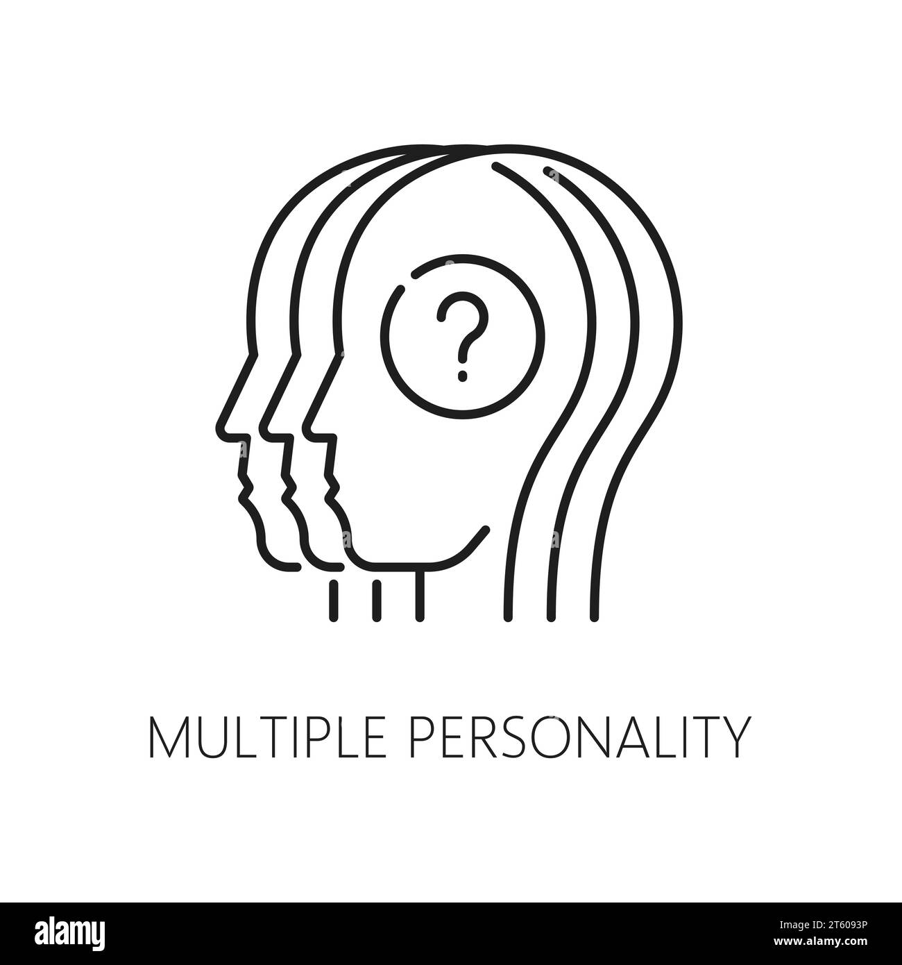 Personalità multipla, disturbo psicologico problema e salute mentale icona, contorno vettore. Disturbo di personalità multipla o identità dissociativa problema mentale icona di domanda nella testa della persona Illustrazione Vettoriale