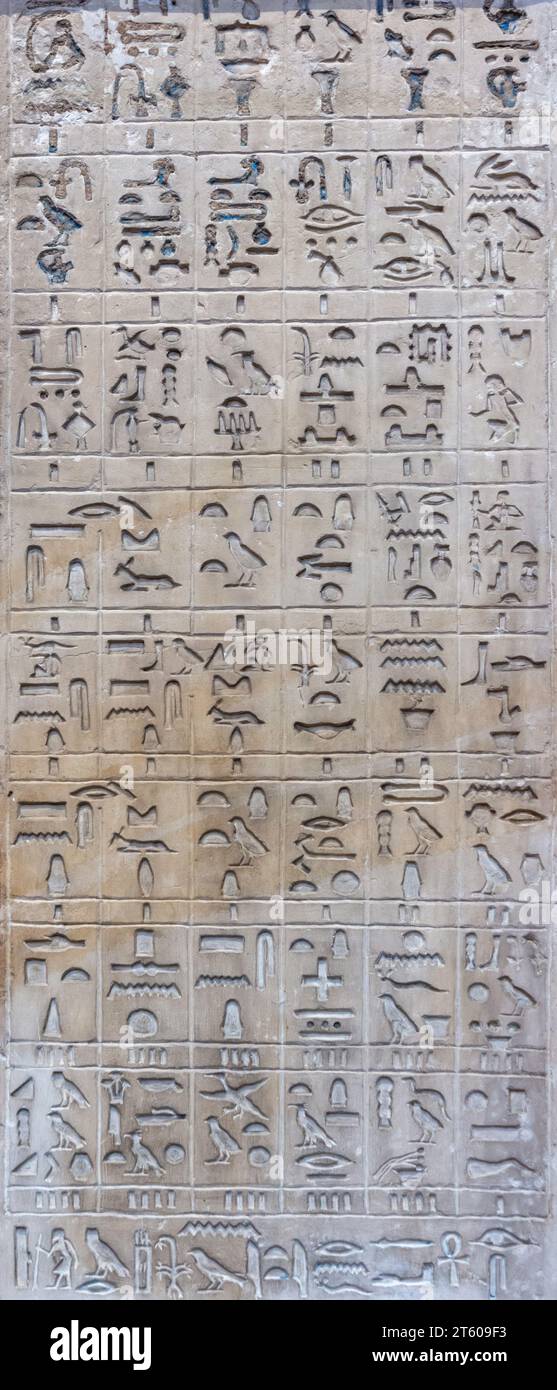 Disegni, immagini e testi geroglifici sulle antiche mura egiziane Foto Stock
