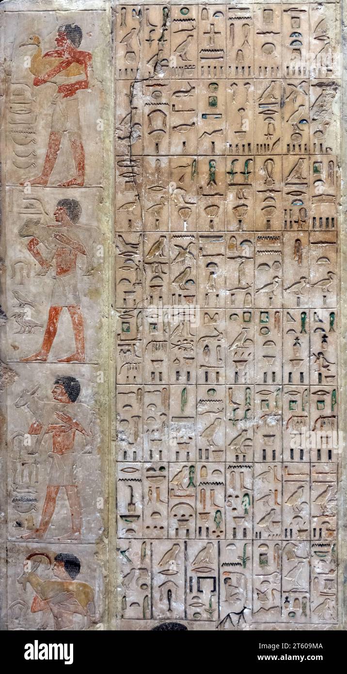 Disegni, immagini e testi geroglifici sulle antiche mura egiziane Foto Stock