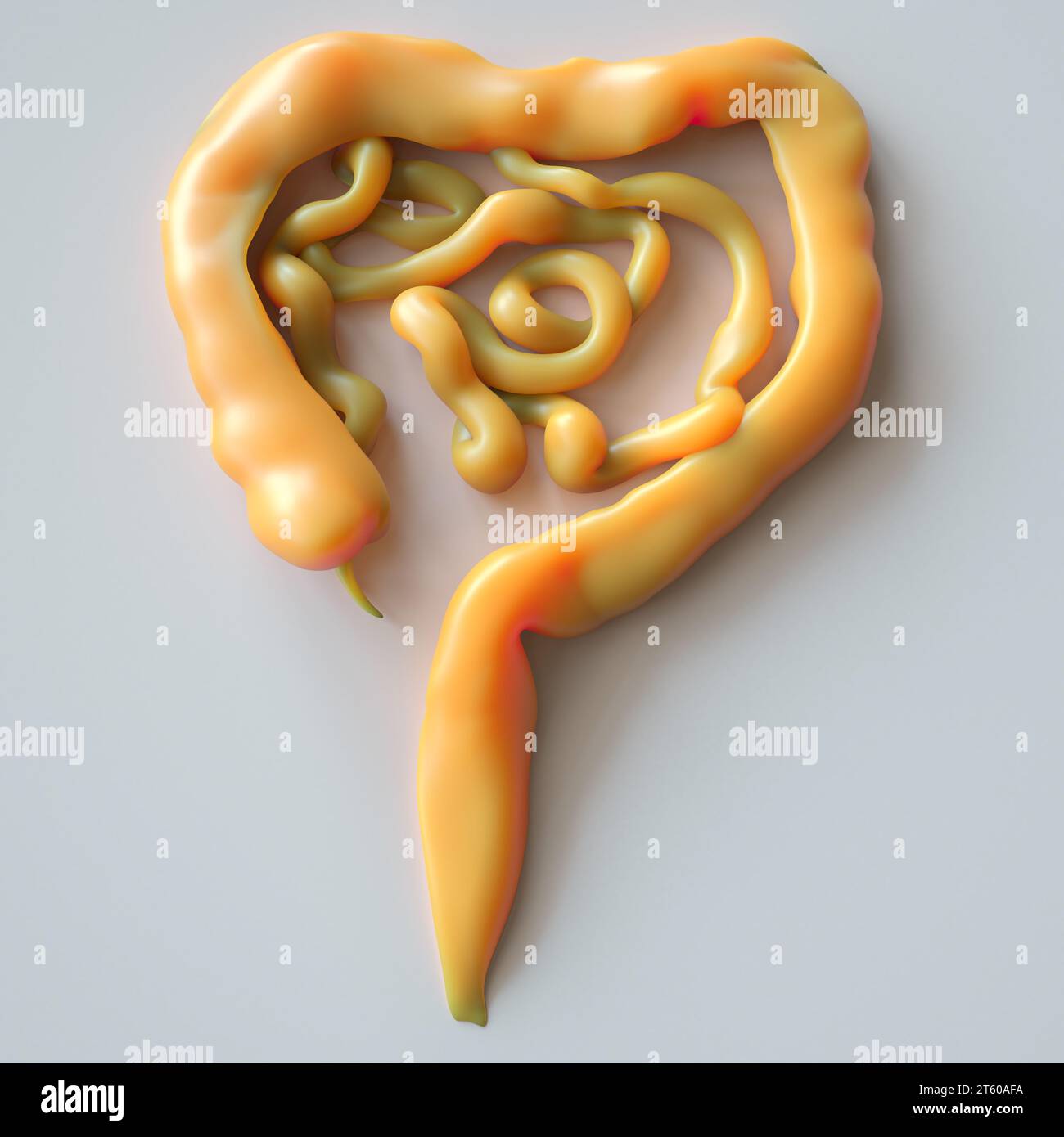 Modello intestinale astratto con texture simili alla gomma e indicatori di infiammazione - rappresentazione 3D. Foto Stock