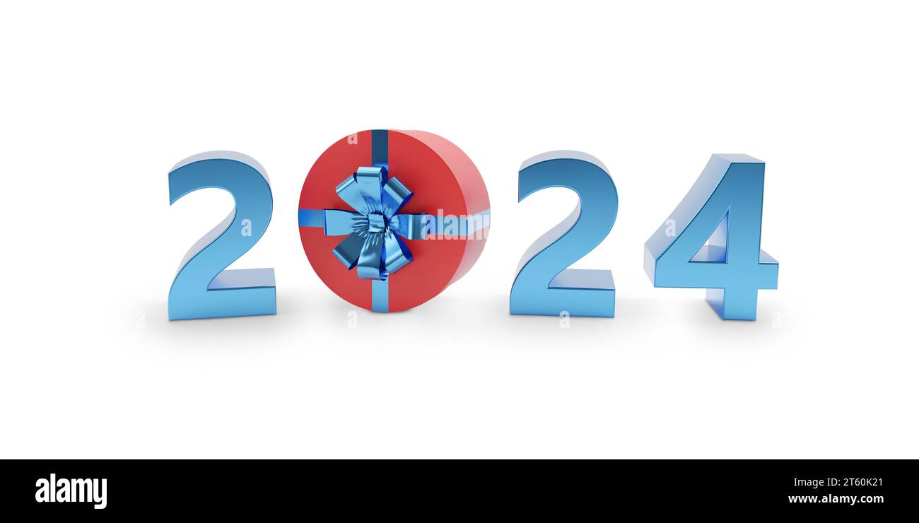 2024 testo pieno con confezione regalo in tre dimensioni. Concetto di nuovo anno. illustrazione 3d. Foto Stock