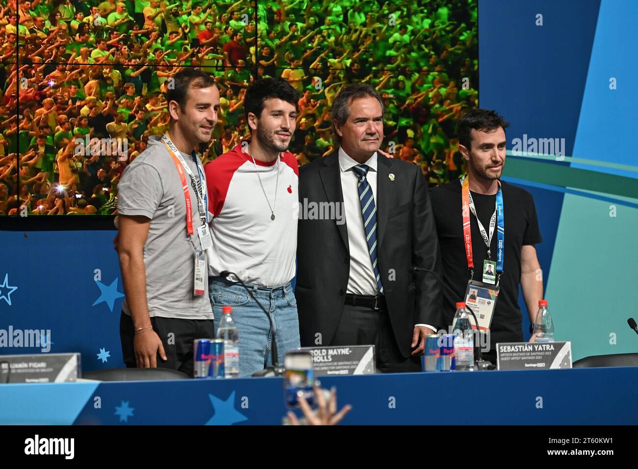 Santiago, Cile - 19 ottobre 2023: Conferenza stampa con il cantante colombiano Sebastian Yatra, che esegue lo spettacolo principale all'apertura della Pan-Ameri Foto Stock