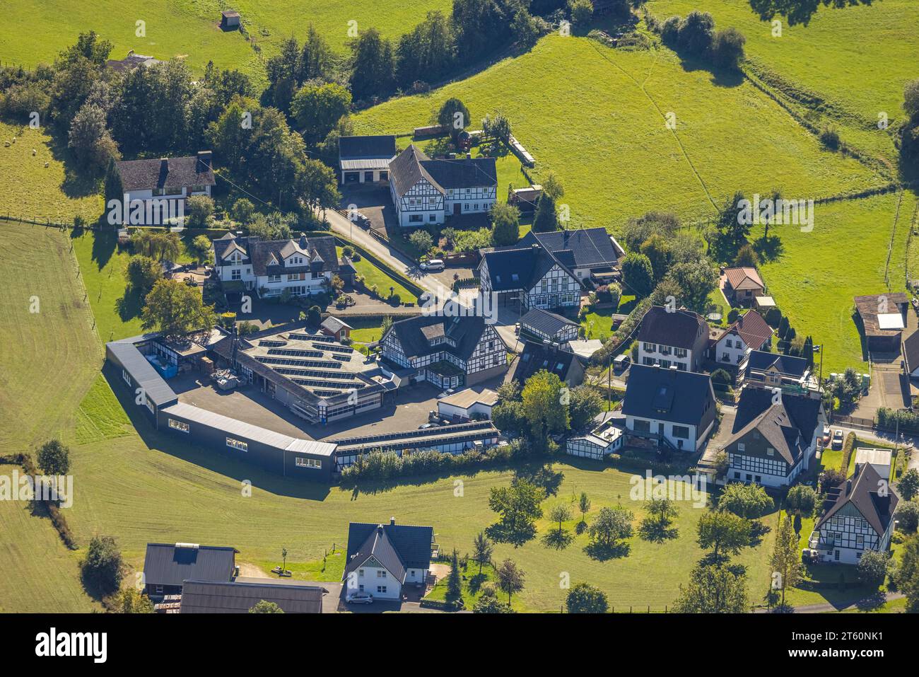 Vista aerea, case in legno, vita e vita, Saalhausen, Lennestadt, Sauerland, Renania settentrionale-Vestfalia, Germania, DE, Europa, tassa di proprietà, Immo Foto Stock